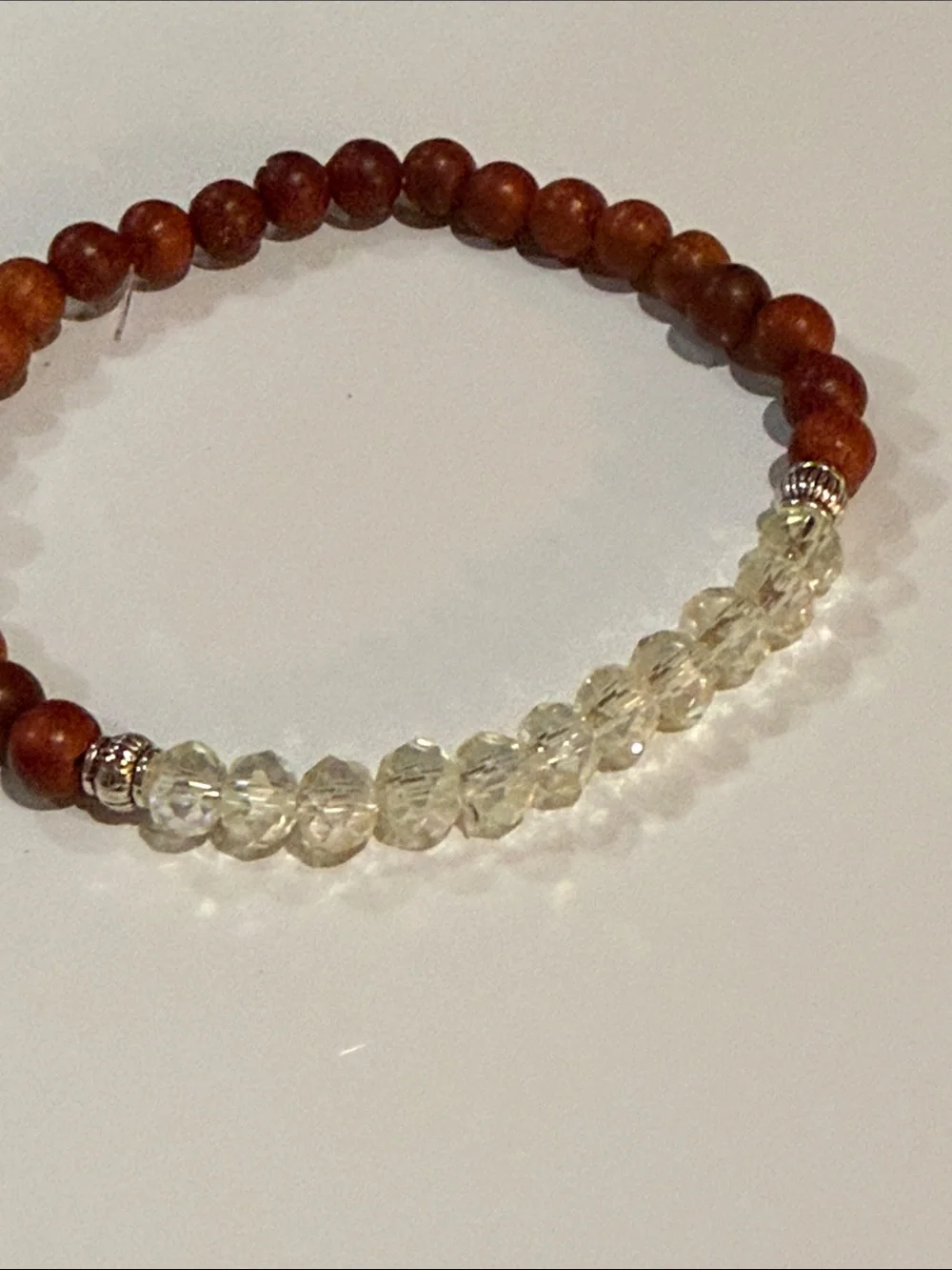 Wood Beaded Stretch Bracelet with Faceted Pale Yellow Crystal Accents Size 8